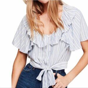 Free People The Rosemary Top Tie Waist Blouse Flutter Ruffle Blue Stripe Sz L